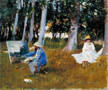  Borde Pintura - Claude Monet pintando al borde de un bosque John Singer Sargent